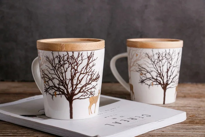 18OZ Big Mug Cup Porcelain Mugs for Ice Coffee Designer Golden Deer Owl Hug Printing on Cups Made of Ceramic and Original Design