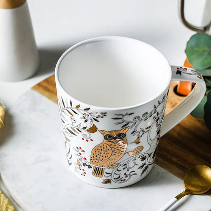 18OZ Big Mug Cup Porcelain Mugs for Ice Coffee Designer Golden Deer Owl Hug Printing on Cups Made of Ceramic and Original Design