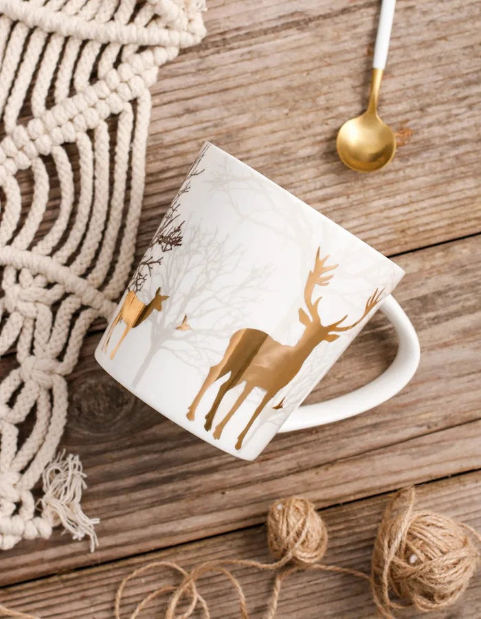 18OZ Big Mug Cup Porcelain Mugs for Ice Coffee Designer Golden Deer Owl Hug Printing on Cups Made of Ceramic and Original Design