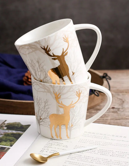 18OZ Big Mug Cup Porcelain Mugs for Ice Coffee Designer Golden Deer Owl Hug Printing on Cups Made of Ceramic and Original Design