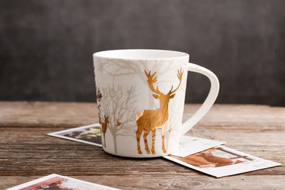 18OZ Big Mug Cup Porcelain Mugs for Ice Coffee Designer Golden Deer Owl Hug Printing on Cups Made of Ceramic and Original Design