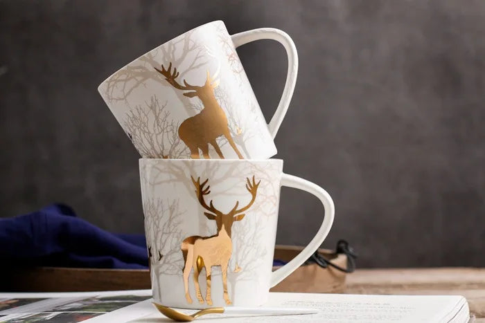 18OZ Big Mug Cup Porcelain Mugs for Ice Coffee Designer Golden Deer Owl Hug Printing on Cups Made of Ceramic and Original Design