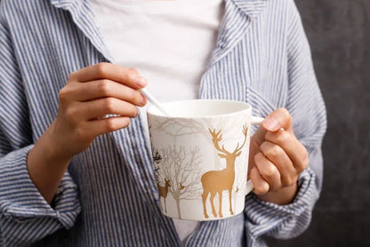 18OZ Big Mug Cup Porcelain Mugs for Ice Coffee Designer Golden Deer Owl Hug Printing on Cups Made of Ceramic and Original Design