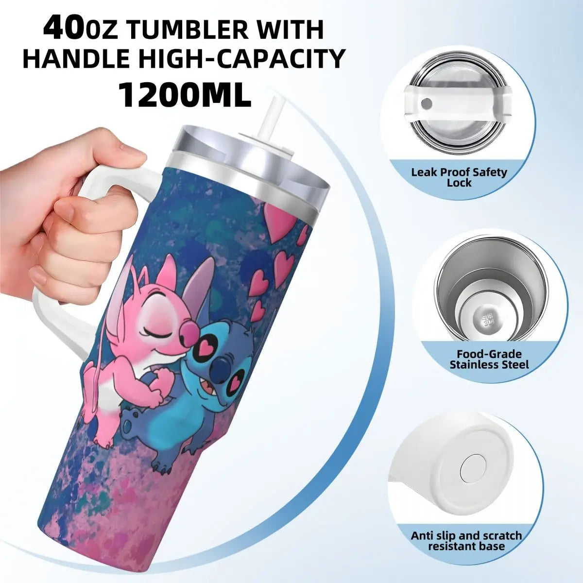 Stitch And Angel Stainless Steel Tumbler love Beach Car Mugs Large Coffee Mug Insulated Cold and Hot Milk Tea Water Bottle