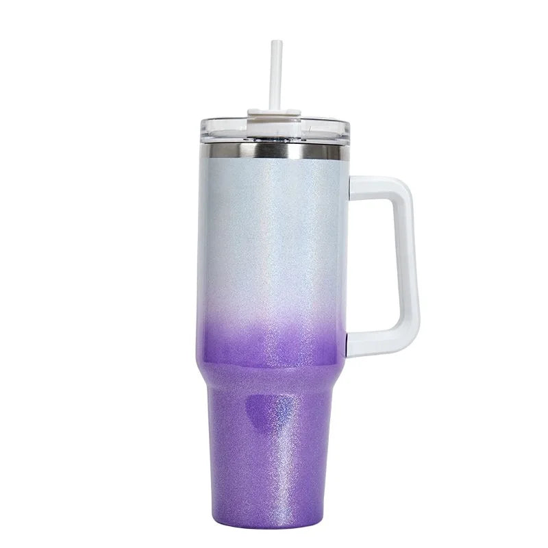 40oz Trendy Rainbow Glitter Gradient Mugs Insulated Tumbler With Handle & Straw Glittery Shimmering Holographic Travel Tumbler