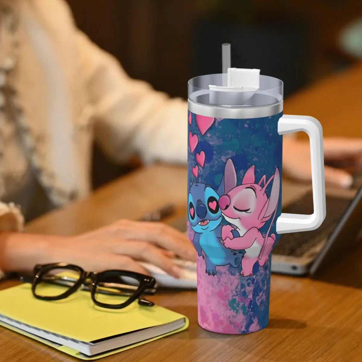 Stitch And Angel Stainless Steel Tumbler love Beach Car Mugs Large Coffee Mug Insulated Cold and Hot Milk Tea Water Bottle