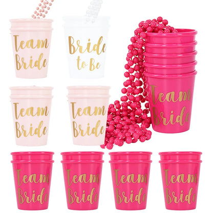 Rose Gold Team Bride To Be Cup Plastic Shot Glasses Necklace Drinking Cups For Wedding Hen Night Bachelorette Party Game Supply