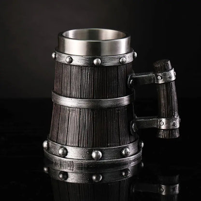 Wood Grain Beer Glass Resin Stainless Steel Mug Imitation Barrel Beer Steins Tankard Coffee Cup Tea Tumbler Drinkware Bar Decor