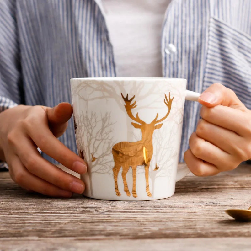 18OZ Big Mug Cup Porcelain Mugs for Ice Coffee Designer Golden Deer Owl Hug Printing on Cups Made of Ceramic and Original Design