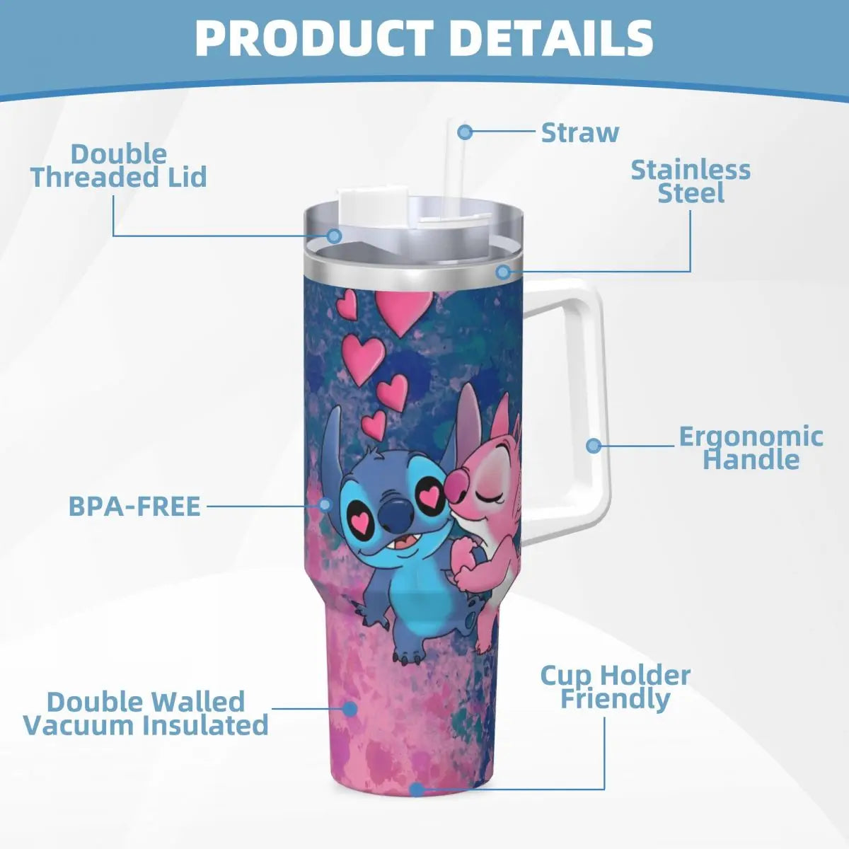 Stitch And Angel Stainless Steel Tumbler love Beach Car Mugs Large Coffee Mug Insulated Cold and Hot Milk Tea Water Bottle