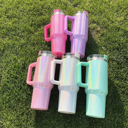 40oz Trendy Rainbow Glitter Gradient Mugs Insulated Tumbler With Handle & Straw Glittery Shimmering Holographic Travel Tumbler