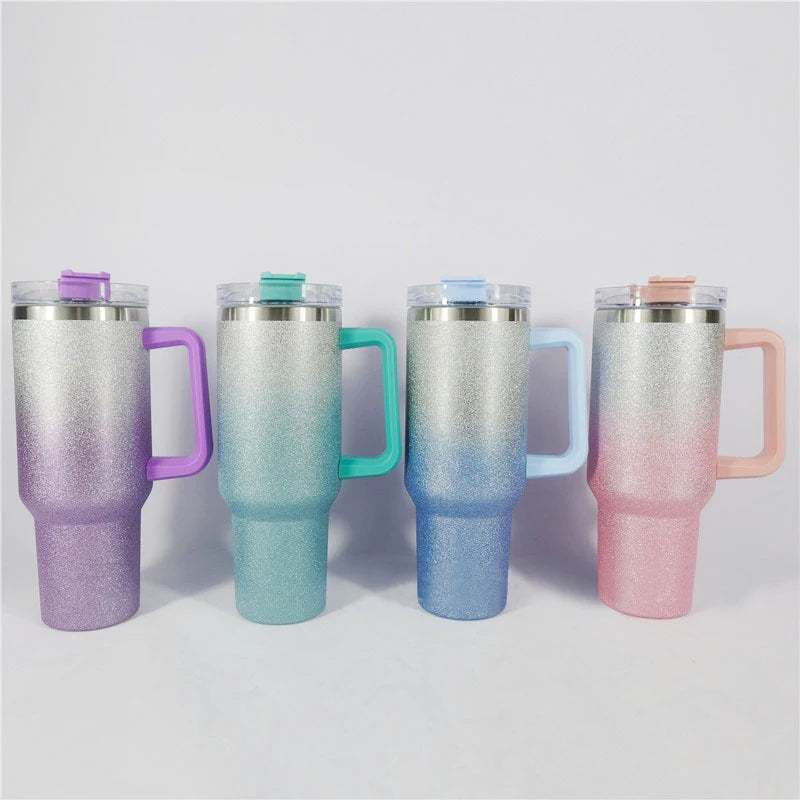 40oz Trendy Rainbow Glitter Gradient Mugs Insulated Tumbler With Handle & Straw Glittery Shimmering Holographic Travel Tumbler