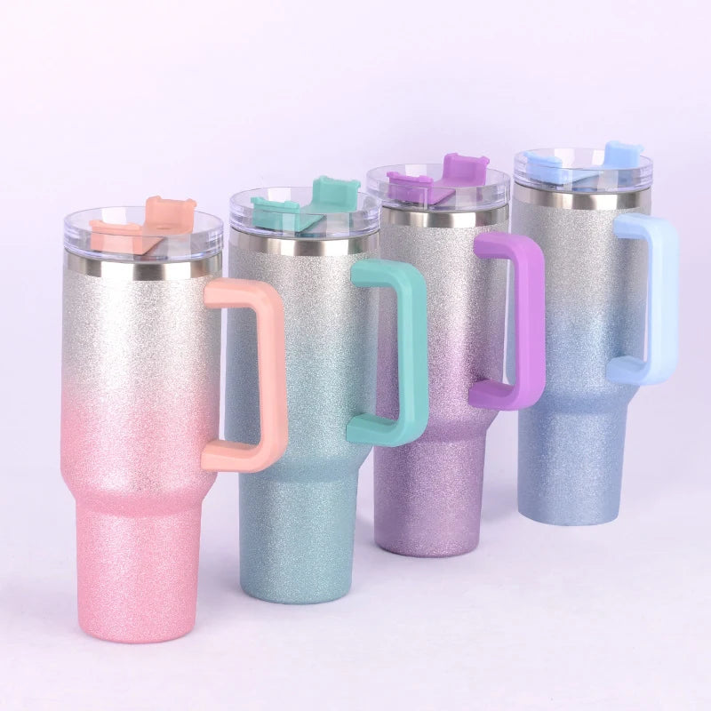 40oz Trendy Rainbow Glitter Gradient Mugs Insulated Tumbler With Handle & Straw Glittery Shimmering Holographic Travel Tumbler