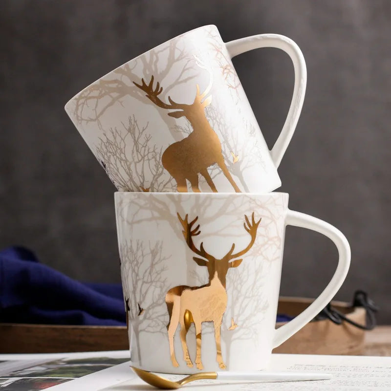 18OZ Big Mug Cup Porcelain Mugs for Ice Coffee Designer Golden Deer Owl Hug Printing on Cups Made of Ceramic and Original Design