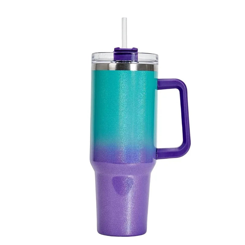 40oz Trendy Rainbow Glitter Gradient Mugs Insulated Tumbler With Handle & Straw Glittery Shimmering Holographic Travel Tumbler